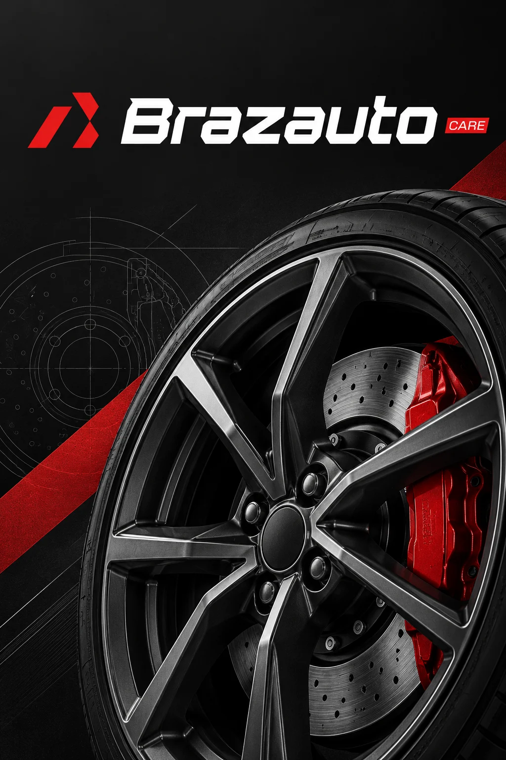 Brazauto Care automotive illustration featuring a wheel and red brake caliper